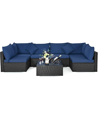 7PCS Patio Rattan Sofa Set Sectional Conversation Furniture Garden