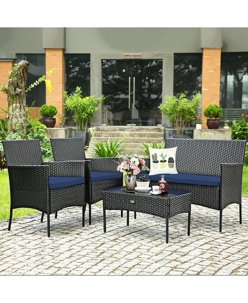 4PCS Patio Wicker Furniture Set Coffee Table Cushions