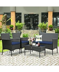 4PCS Patio Wicker Furniture Set Coffee Table Cushions