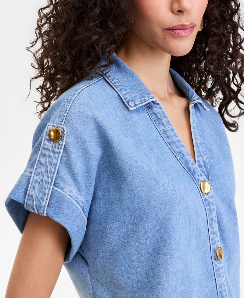 I.n.c. International Concepts Women's Short Sleeve Lightweight Denim Top, Macy's Exclusive