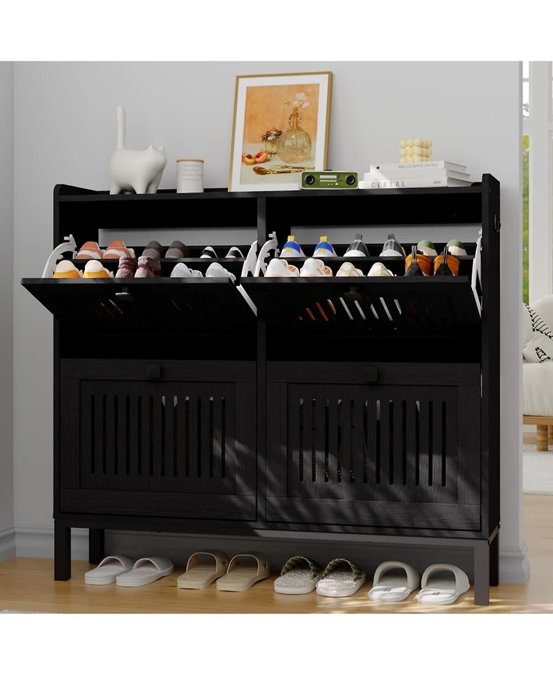 Homfan Shoe Storage Cabinet with 4 Flip Drawer, Shoes Organizer Hollow Out Panel and Square Handles, Anti-Tipping Rack