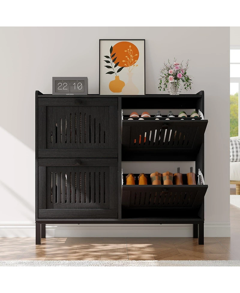 Homfan Shoe Storage Cabinet with 4 Flip Drawer, Shoes Organizer Hollow Out Panel and Square Handles, Anti-Tipping Rack