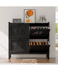 Homfan Shoe Storage Cabinet with 4 Flip Drawer, Shoes Organizer Hollow Out Panel and Square Handles, Anti-Tipping Rack