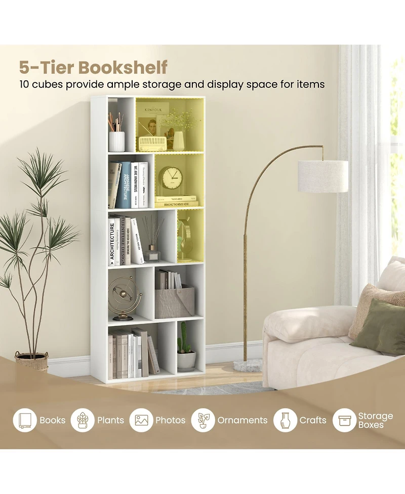 Sugift Tall Five Tier Geometric Bookshelf with Ten Storage Cubes