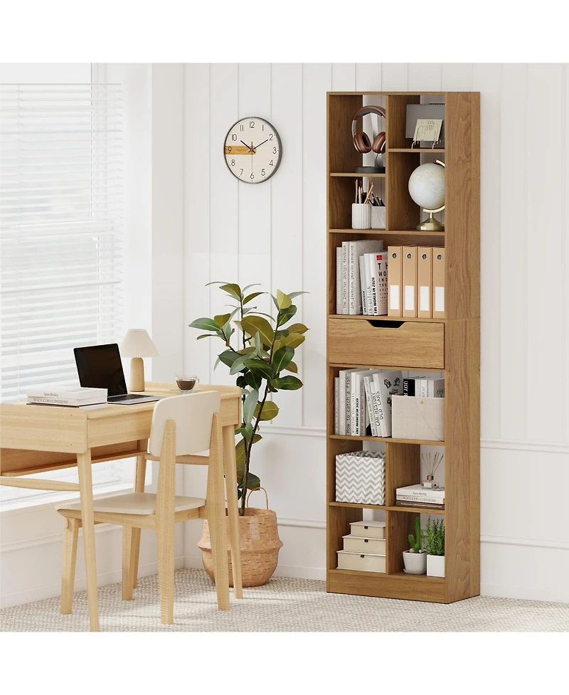 Sugift Tall Freestanding Bookcase with Drawer and Ten Cube Storage