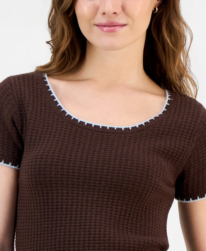 Ultra Flirt Juniors' Waffle-Knit Short-Sleeve Sweater