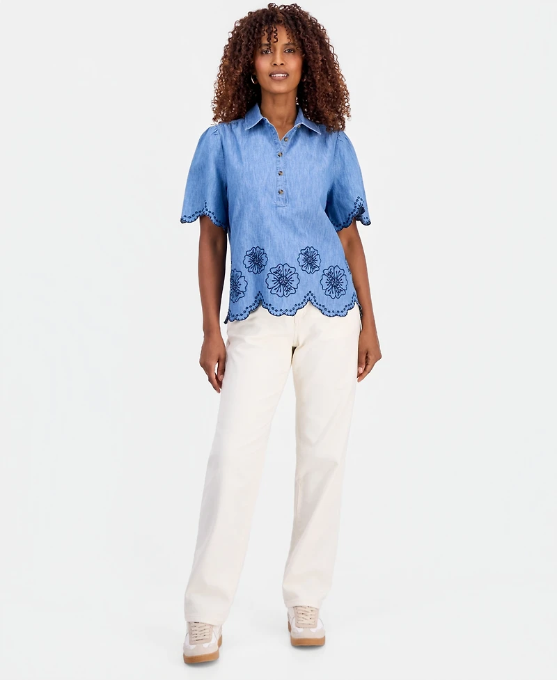 Style & Co Women's Cotton Chambray Embroidered-Trim Shirt, Macy's Exclusive