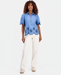 Style & Co Women's Cotton Chambray Embroidered-Trim Shirt, Macy's Exclusive