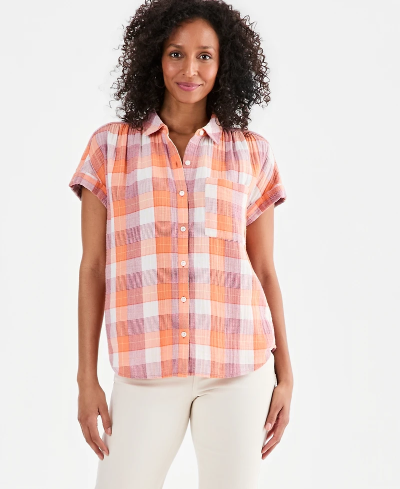 Style & Co Women's Plaid Cotton Gauze Button-Up Shirt, Macy's Exclusive