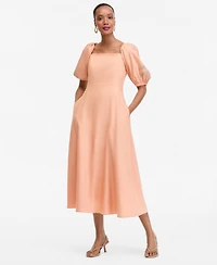 I.n.c. International Concepts Women's Linen-Blend Embroidered Puff-Sleeve Midi Dress, Macy's Exclusive