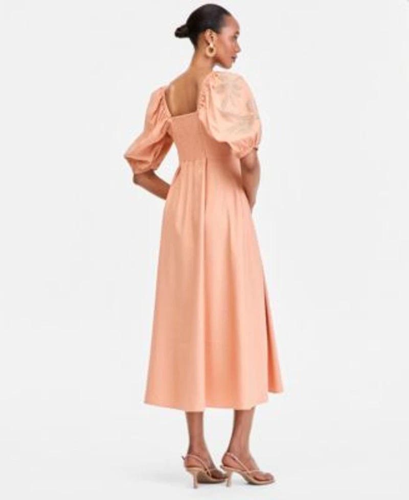 I.N.C. International Concepts Linen Blend Puff Sleeve Dress Raffia Wrapped Drop Hoop Earrings Macys Exclusive