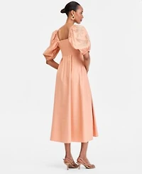 I.N.C. International Concepts Linen Blend Puff Sleeve Dress Raffia Wrapped Drop Hoop Earrings Macys Exclusive