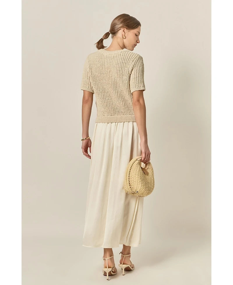 English Factory Women's Satin Contrast Mixed Media Midi Dress