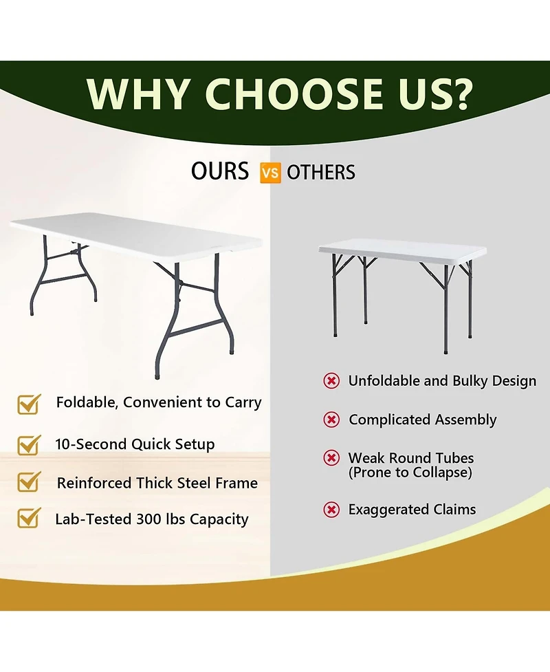 Boyel Living 6FT Folding Table - Large, Waterproof & Easy Storage for Family Gatherings & Outdoor Dining