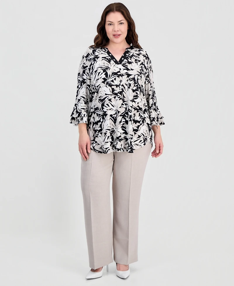 Kasper Plus Split-Neck Ruffled-Cuff Top