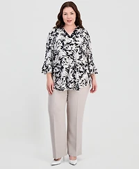 Kasper Plus Split-Neck Ruffled-Cuff Top