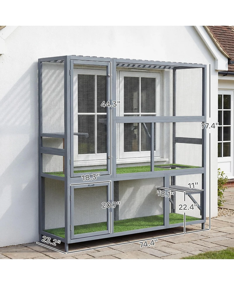 PawHut Catio Outdoor Cat Enclosure, 77" H Wooden Cat House with Weatherproof Roof