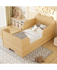 Rainsken Low-Profile Twin Size Kids Floor Bed Frame, Wooden Platform Bed with Safety Rails and Bear Shape Headboard for Boys and Girls Ages 3-6