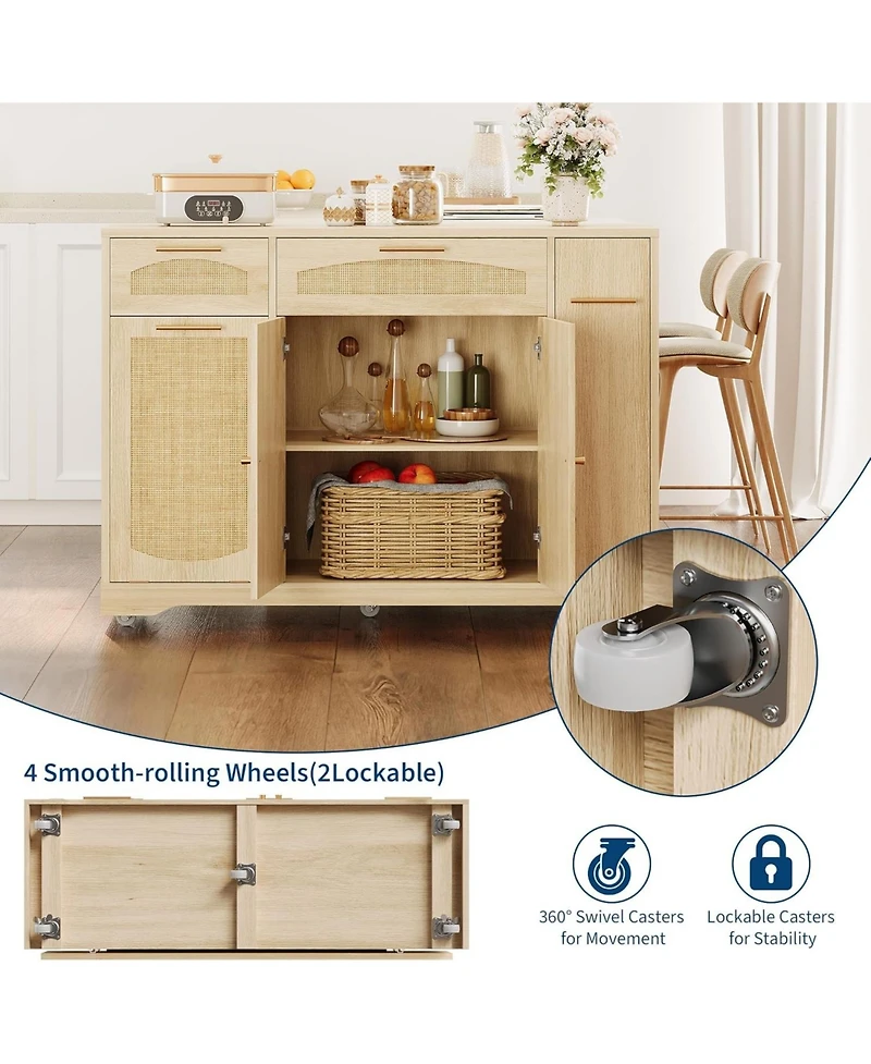 gaomon Rattan Rolling Kitchen Island Table on Wheels with Drop Leaf, Tilt Out Trash Can Cabinet 2 Door, Storage Cabinet, Drawer, Spice Rack