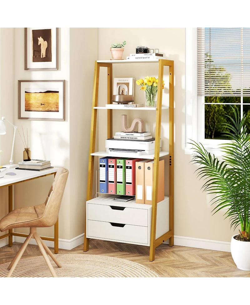 Slickblue Tall 4 Tier Ladder Shelf Bookcase with 2 Drawers Storage Organizer