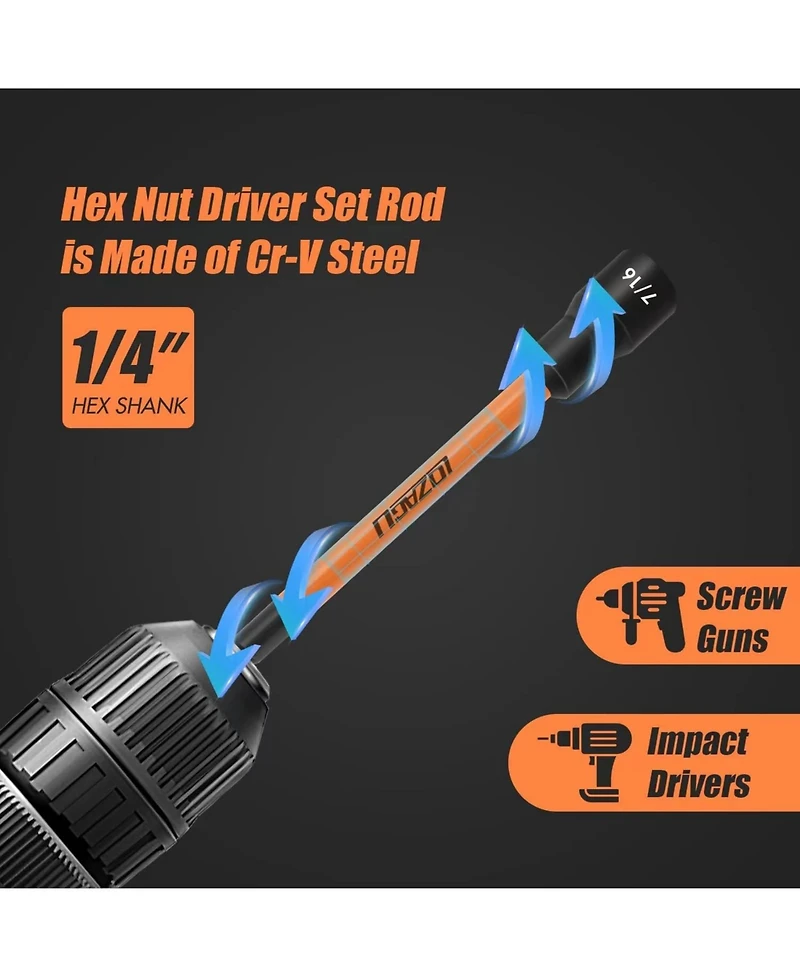Xdovet 16Pcs Long Magnetic Nut Driver Set for Impact Drill, 6 Inch Long Nut Driver Set, Sae and Metric, 1/4 Inch Hex Shank, Cr-v Steel