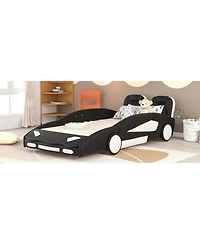 flynama Twin Size Race Car Shaped Platform Bed with Side Rails Support Wheels and Two Seat Design
