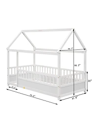 flynama Twin Size Wood Floor Bed House Roof Frame Fence Guardrails Pine Wood