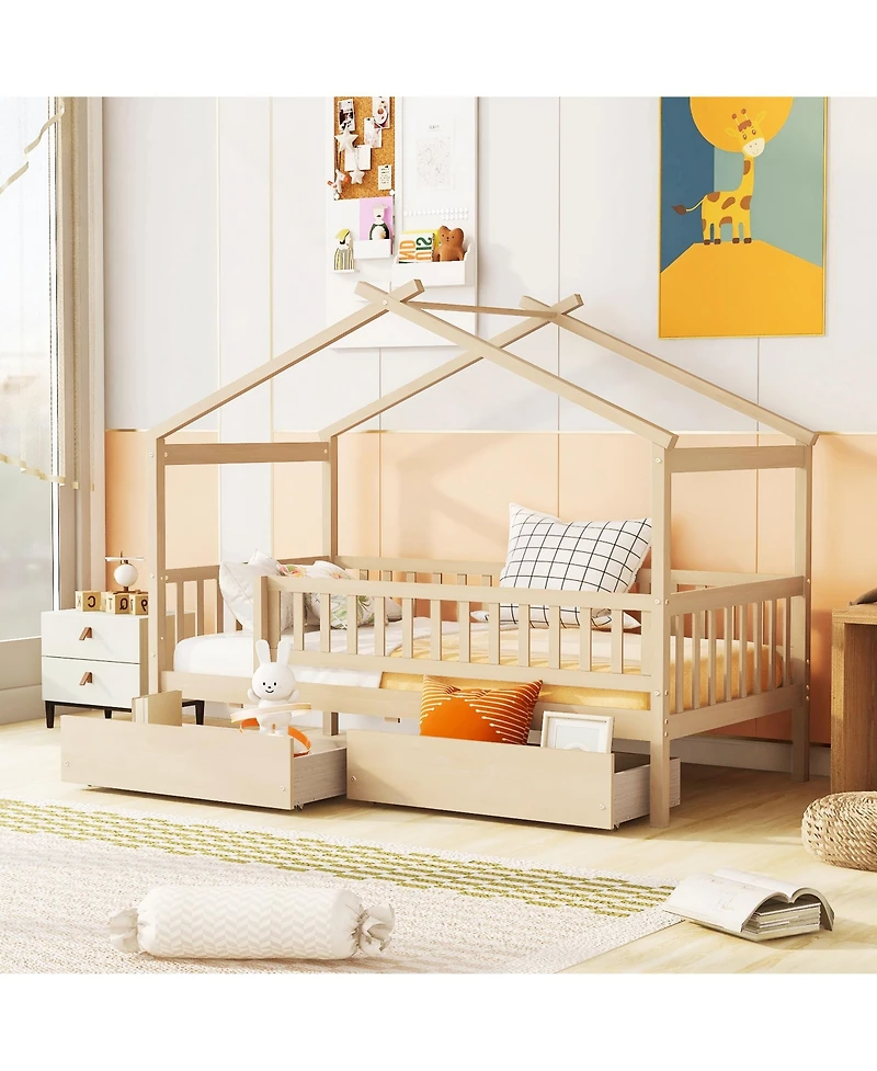 flynama Wooden House Bed Two Drawers