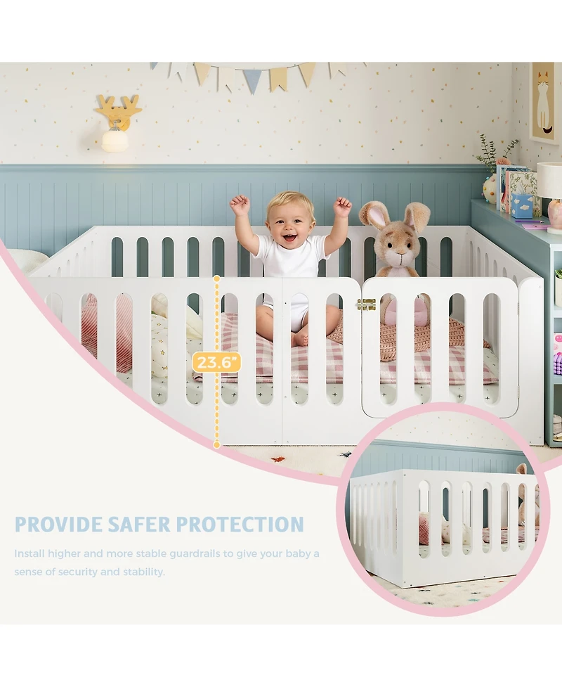 Rainsken Twin Size Floor Bed, Solid Wood Kids Bed Frame with High Fence and Door, Modern Low-Profile Design for Boys Girls, No Box Spring Required