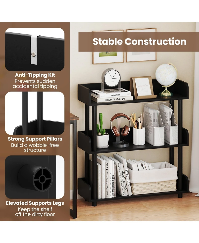 Slickblue 3-Tier Bookshelf with Anti-Tipping Kit and Industrial Storage Unit for Living