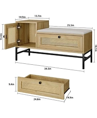 gaomon Rattan Shoe Storage Bench with Flip Drawer, Wooden Entryway Shoe Bench