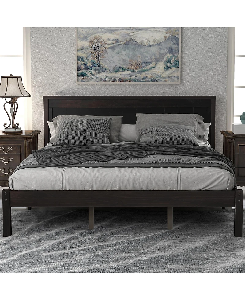 flynama Espresso Wood Platform Bed Frame with Headboard Wood Slat Support No Box Spring Needed