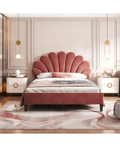 flynama Upholstered Platform Bed Flower Pattern Velvet Headboard Bean Paste Red No Box Spring Needed