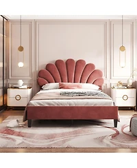 flynama Upholstered Platform Bed Flower Pattern Velvet Headboard Bean Paste Red No Box Spring Needed