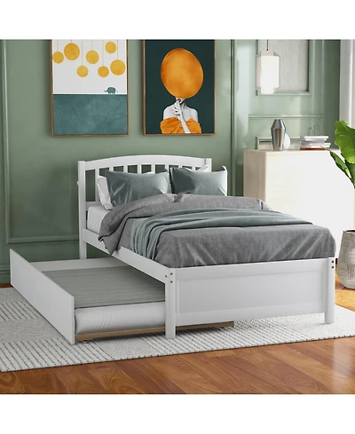 flynama Twin Size Wood Platform Bed With Trundle Pine Wood No Box Spring