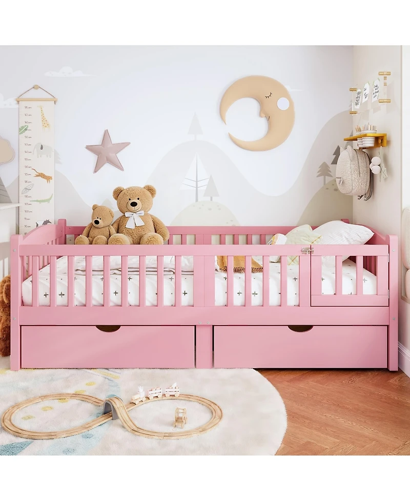 Rainsken Low Profile Platform Bed Frame, Wooden Bed with Storage Drawers and Full Safety Guardrails for Boys Girls, No Box Spring Required