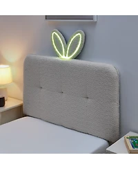 Rainsken Twin Size Upholstered Kids Platform Bed, Boucle Fabric Bed Frame with 4 Storage Drawers, Led Lighting and Rabbit Ear Headboard for Boys Girls