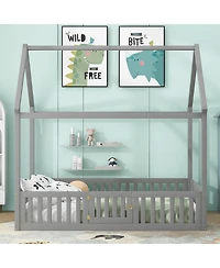 flynama Wood House Bed With Fence Door Gray Distressed Washed Pine Wood Mdf