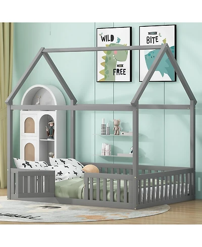 flynama Wood House Bed With Fence Door Gray Distressed Washed Pine Wood Mdf