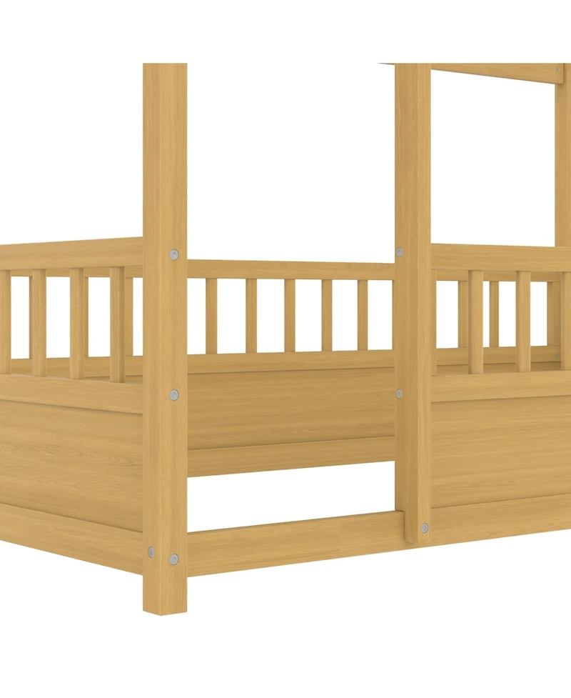 flynama Wooden Floor Bed With House Roof Frame And Fence Guardrails For Kids