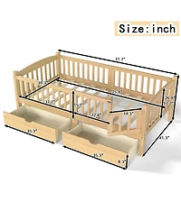 Rainsken Wood Low Bed Frame, Kids Platform Bed with Storage Drawers and Full-Length Guardrails for Children, No Box Spring Needed