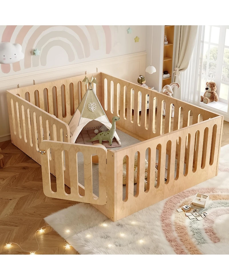 Rainsken Kids Floor Bed, Solid Wood Frame with High Fence and Door, Low-Profile Montessori Bed for Boys Girls, No Box Spring Needed