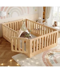 Rainsken Kids Floor Bed, Solid Wood Frame with High Fence and Door, Low-Profile Montessori Bed for Boys Girls, No Box Spring Needed