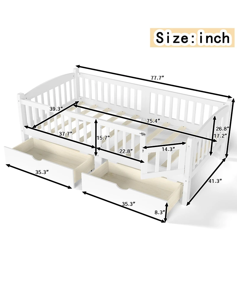 Rainsken Twin Size Low Bed Frame, Wood Kids Platform Bed with Storage Drawers and Full-length Guardrails for Girls Boys, No Box Spring Needed