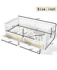 Rainsken Twin Size Low Bed Frame, Wood Kids Platform Bed with Storage Drawers and Full-length Guardrails for Girls Boys, No Box Spring Needed
