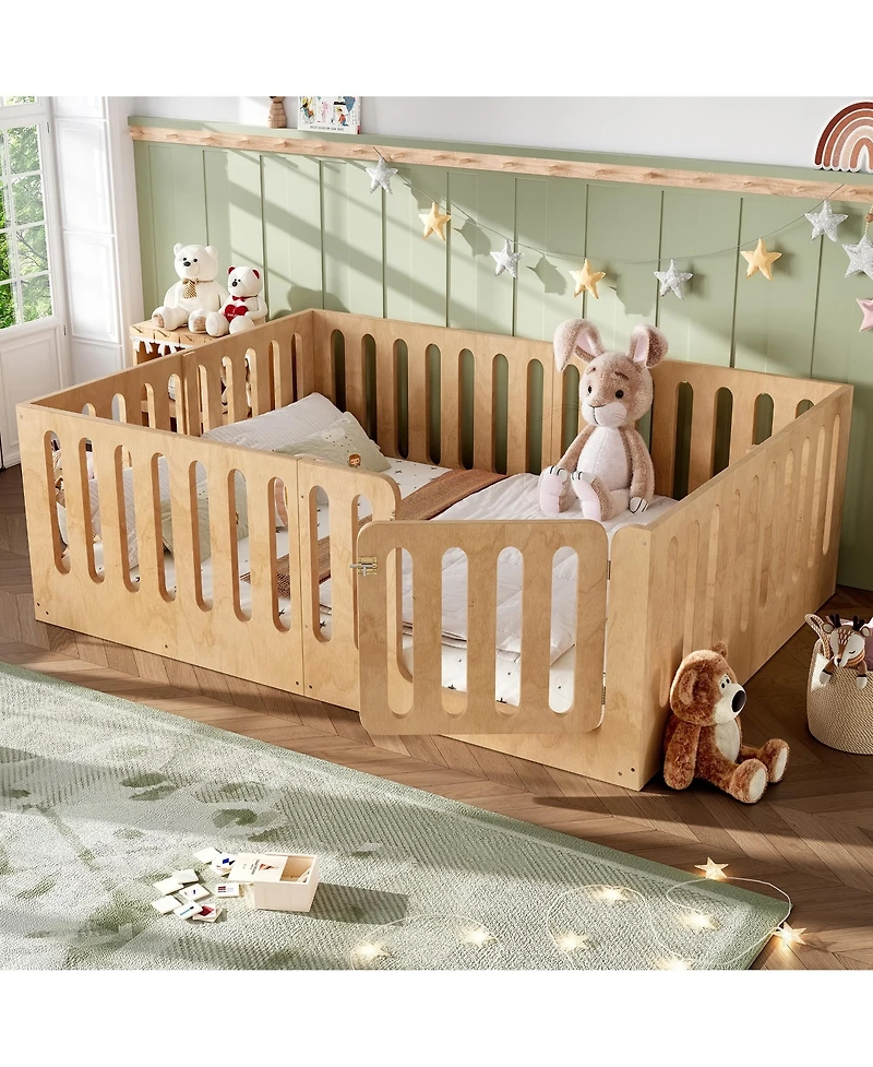 Rainsken Queen Size Kids Floor Bed, Solid Wood Bed Frame with High Side Fence and Door, Children's Sleep Bed for Boys Girls, No Box Spring Required