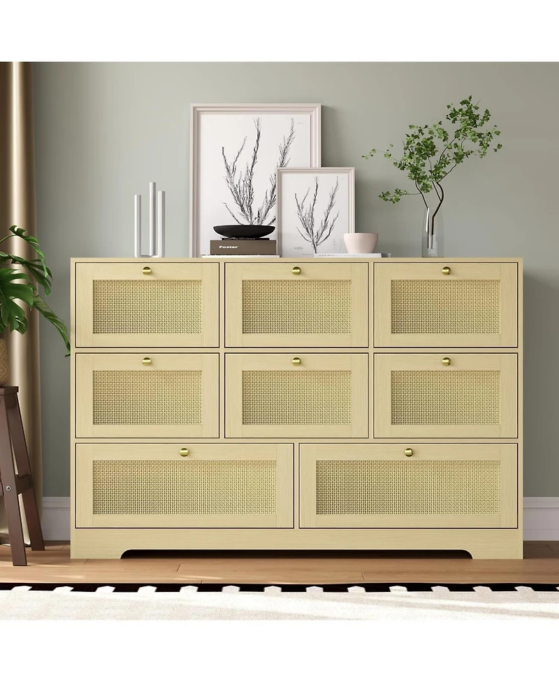 gaomon Rattan Dresser with 6 Drawers, Modern Boho Wooden Dresser for Bedroom Storage, Wicker Chest of Drawers with Metal Handles and Solid Wood Legs