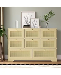 gaomon Rattan Dresser with 6 Drawers, Modern Boho Wooden Dresser for Bedroom Storage, Wicker Chest of Drawers with Metal Handles and Solid Wood Legs