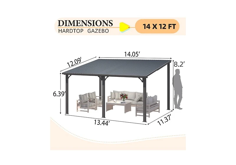 Aecojoy 14' x 12' Hardtop Gazebo Outdoor Pergola Lean to Metal Pergolas