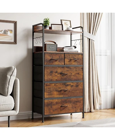 gaomon 5 Drawer Dresser for Bedroom - Storage Organizer Unit with Fabric, Sturdy Metal Frame and Wood Tabletop, Easy Pull Handle.